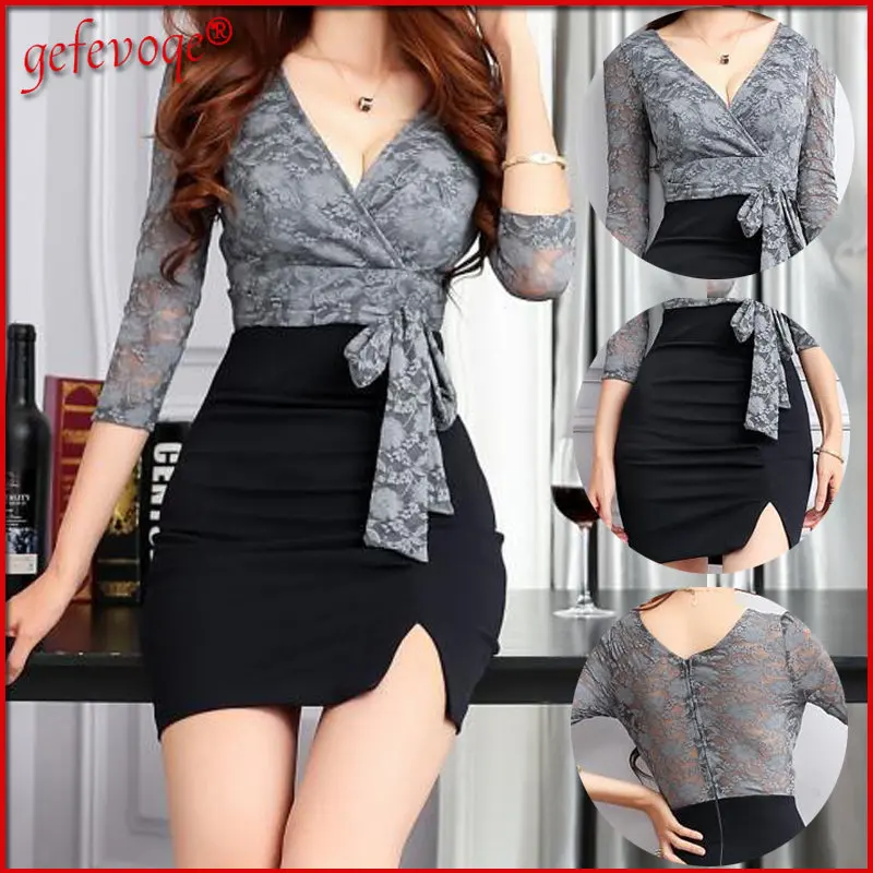 

Sexy Split Lace Patchwork Bodycon Chic Elegant Party Dresses Women's V Neck 3/4 Sleeve Bandage Club Mini Dress 2022Spring Summer