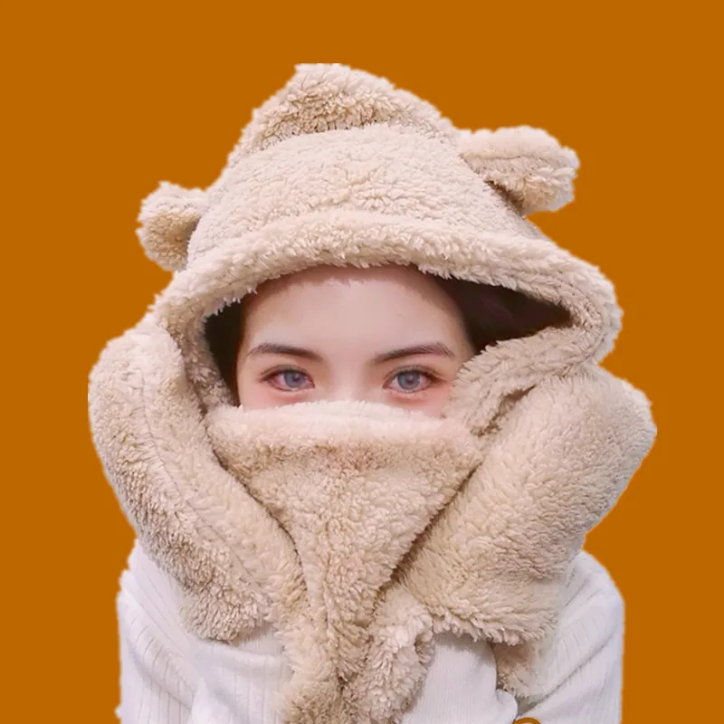 

Lamb Hats 2021 New Bear Ear Hat Scarf Cute Double Thickening Lamb Winter Casual Snow Outdoor Winter Women Hat Sombreros De Mujer