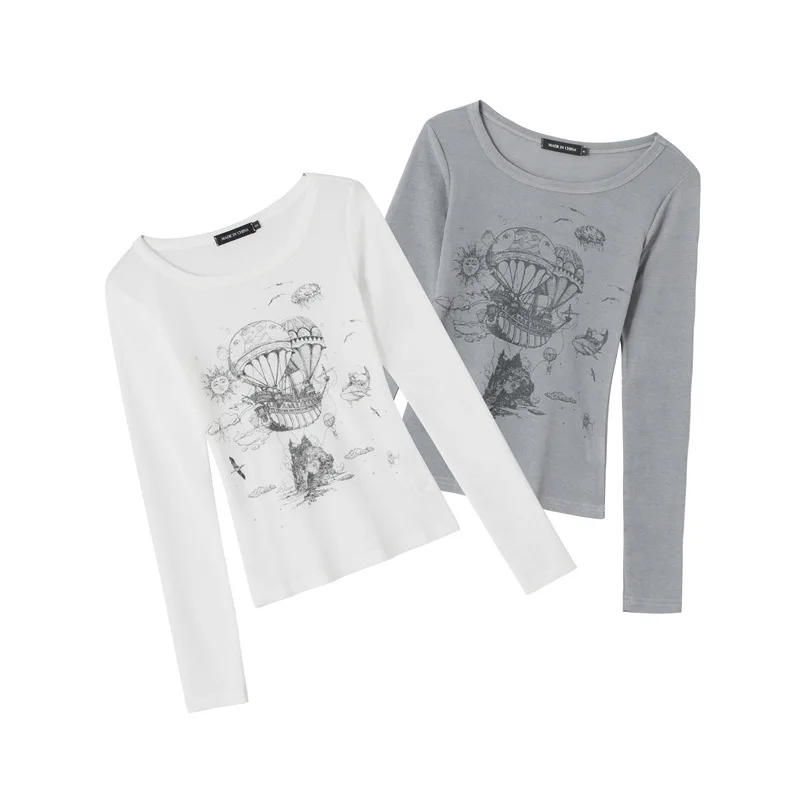 

Базовая маленькая футболка с круглым вырезом и длинным рукавом, эластичный облегающий однотонный топ с принтом, летние корейские женские ф...