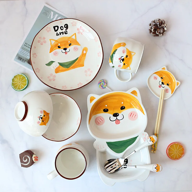 

Ceramic Tableware Cartoon Cute Dog Household Children's Breakfast Plate Tea Tray Dessert Dinner Plate Kitchen Ustensiles Set