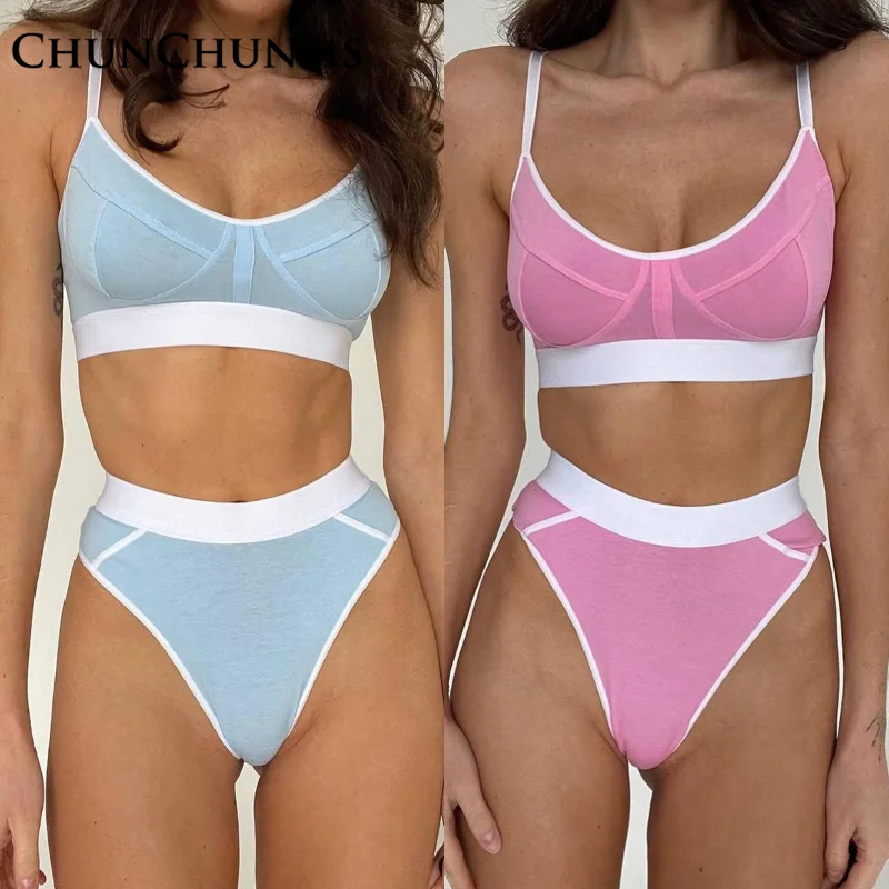 

Sports Bra Set White Hemmed U-neck Adjustable Buckle No Underwire Bra + High-waisted Briefs Sexy Bathing Suit Slim Tights Yoga