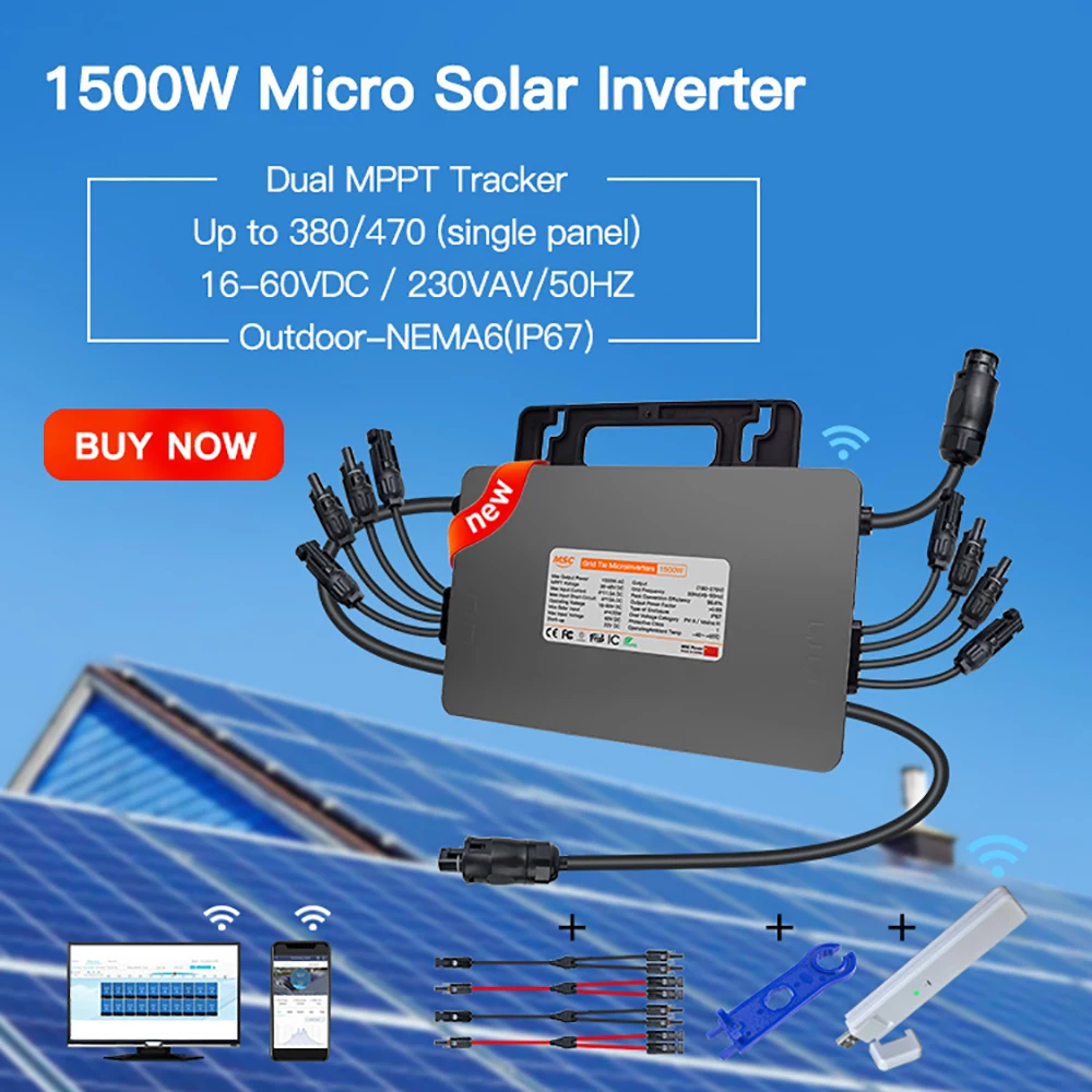 

MARS ROCK 1500W smart hoymiles grid tie micro inverter DC 16-60V/60 72 cells AC 230V MPPT max 4*470W Solar Panel Optional WIFI