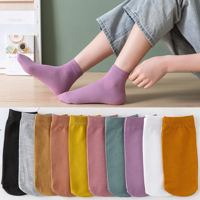 10 Pairs Women Combed Cotton Short Socks Set Solid Candy Colors Thin Summer Spring Breathable Elastic Parent-child Straight Sock