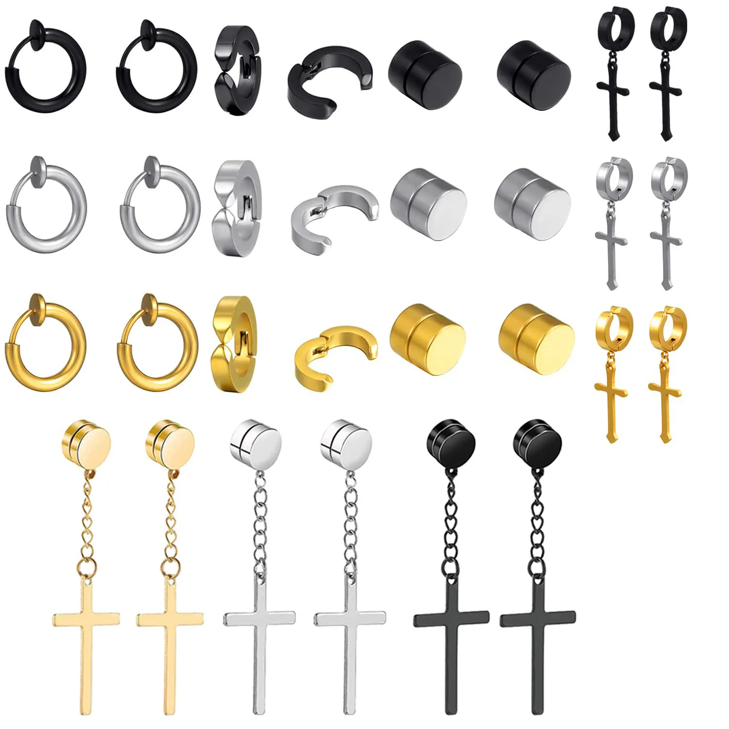 

15 Pairs 316L Stainless Steel Hanging Cross Earrings for Men Magnetic Earrings for Women Black Gold Silver Non Piercing