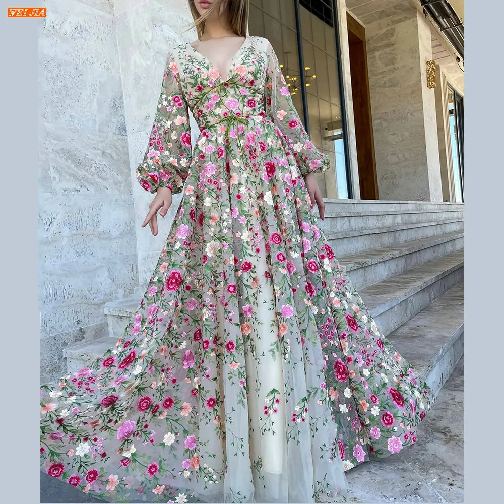 

WEIJIA Boho V Neck Long Sleeves Party Dresses 2022 For Women A Line Flowers Prom Dress Sweep Train Robes De Soirée Custom Made