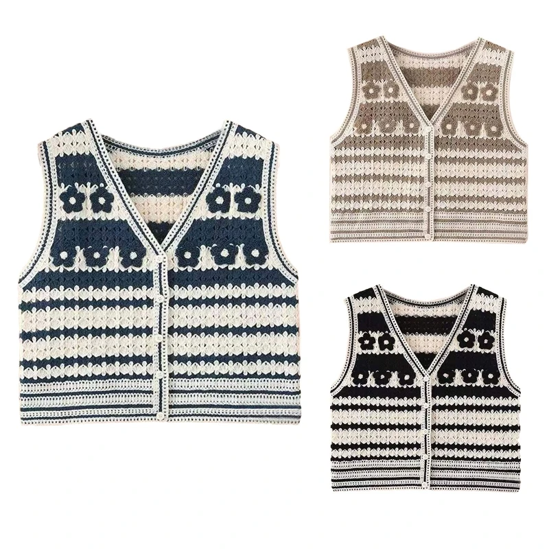 

Женский вязаный свитер без рукавов, элегантные топы на пуговицах, модный вязаный крючком кардиган, свитер с вышивкой в стиле ретро, жилет