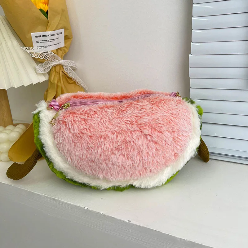 New Funny Red Watermelon Coin Bag Women Plush Small Bag Fashion Girls Chain Small Phone Bags