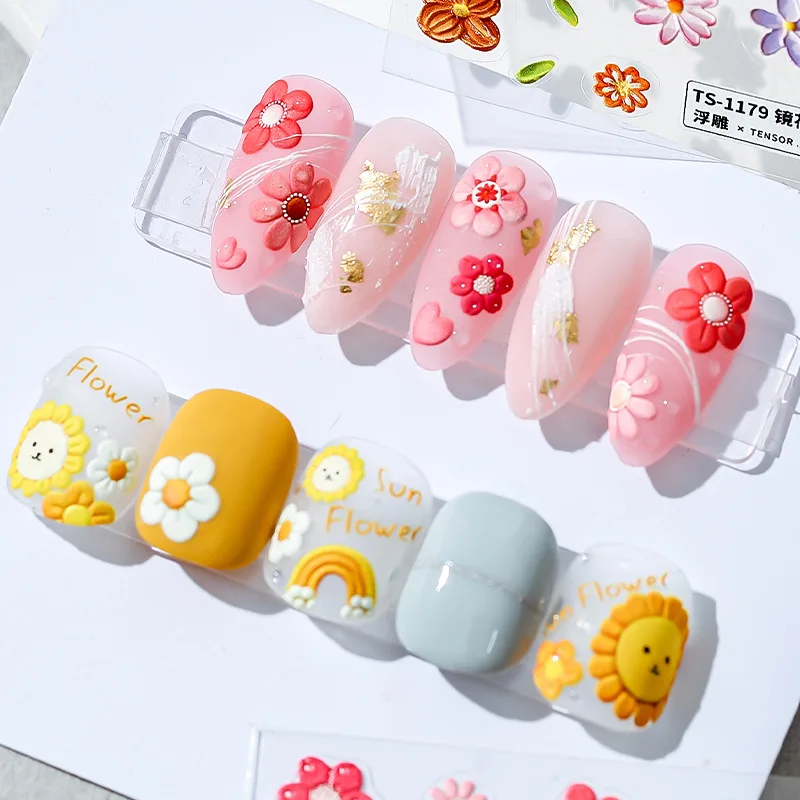 

1 Sheet Blooming Flower Embossed 5D Stickers For Nails Manicures Colorful Sunflower Design Nails Art Stickers Adhesive Decals