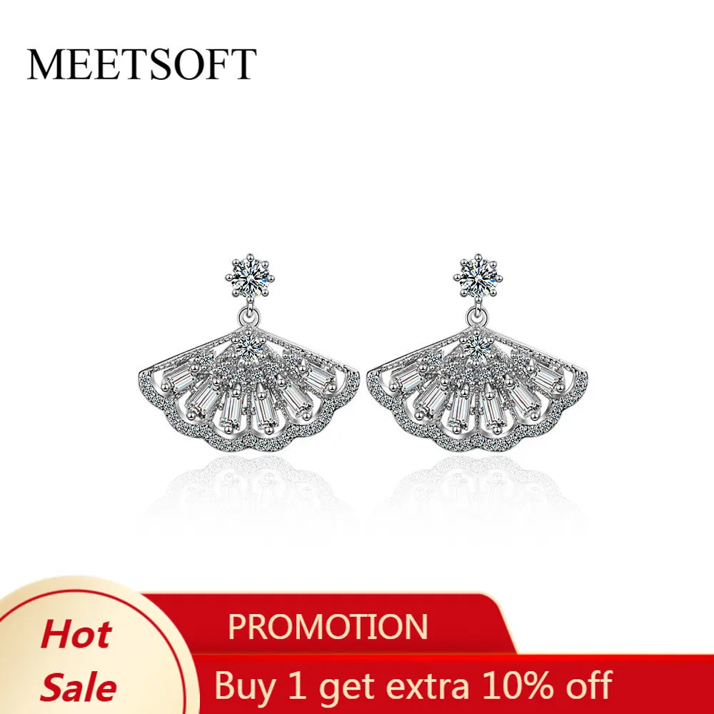 

MEETSOFT 925 Silver Prevent Allergy Fashion Drop Earrings for Women Zircon Fan Rose Golden Small Jewelry Gift