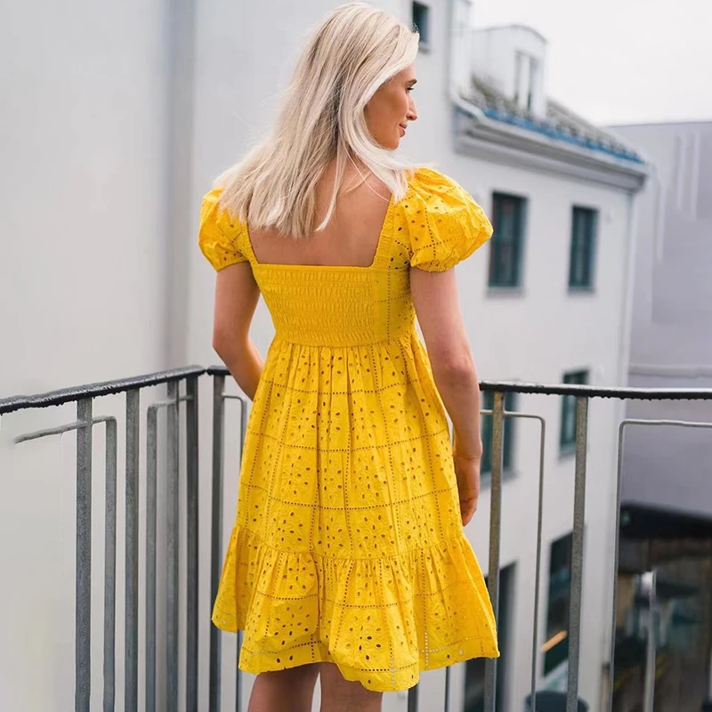 Women Dress 2023 Summer New Yellow Square Neck Embroidered Hollow Puff Sleeve Dress