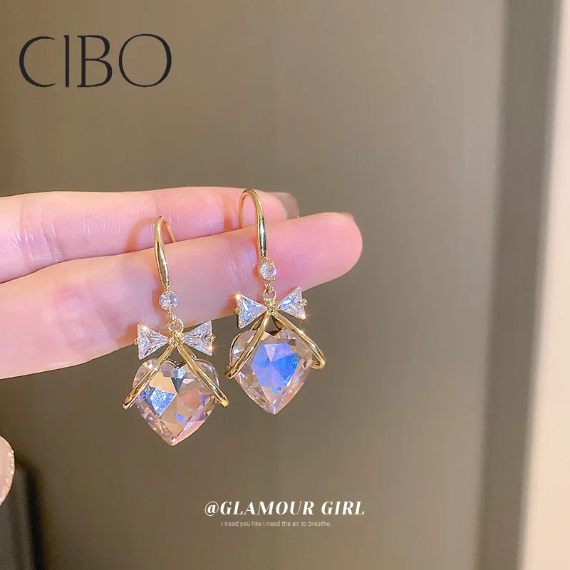 

Zircon Diamond Studded Bowknot Hook Earrings South Korea 2022 Super Flash Love Earrings High Sense Light Luxury Earrings Women