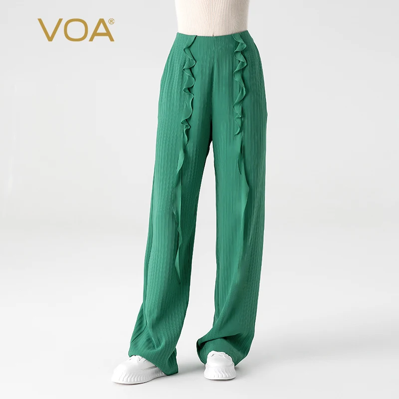 

VOA 44 Momme шелковые Полосатые Серые зеленые натуральные поясные косая Вставка сумки с рюшами края Пригородные шелковые прямые брюки весна KE859