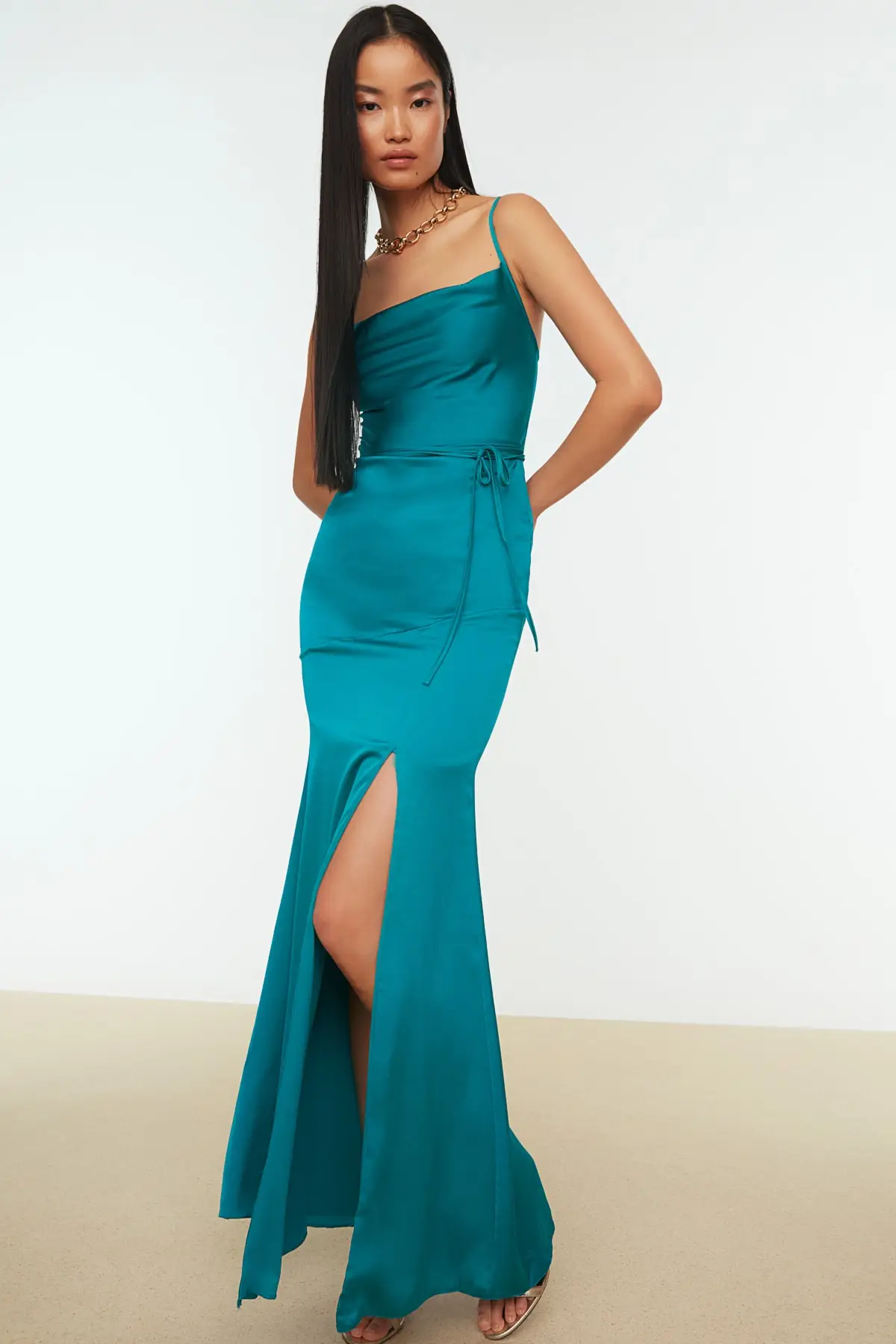 

Belted Degaje satin evening dress TPRSS21AE0063