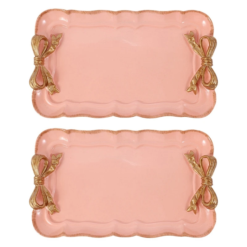 

2X European Style Bow Cake Storage Trays Makeup Organizer Dessert Plate Square Decor Tray Kitchen Trays 12X20cm Pink