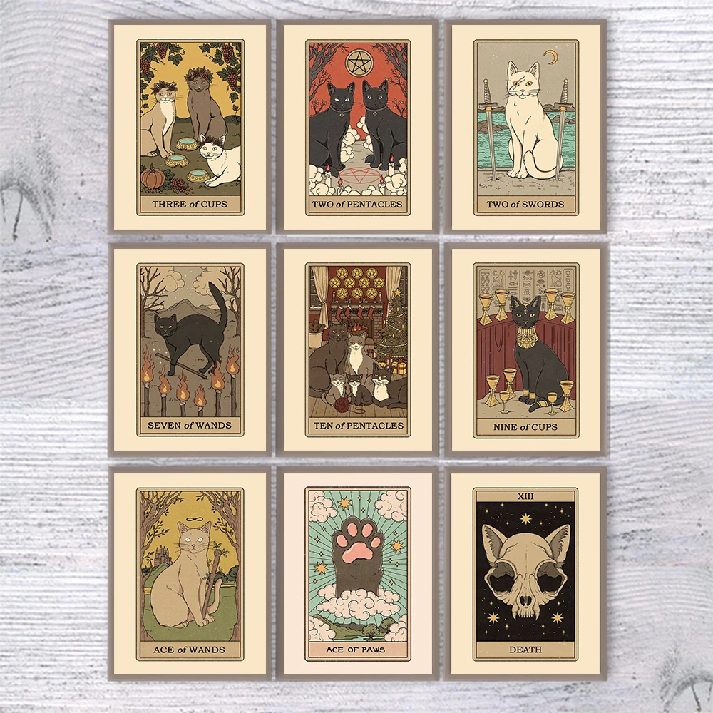 

Настенный постер фокусника, Настенная картина с изображением Таро, абстрактная забавная кошка, вино, принт на холсте, подарок на Хэллоуин, г...