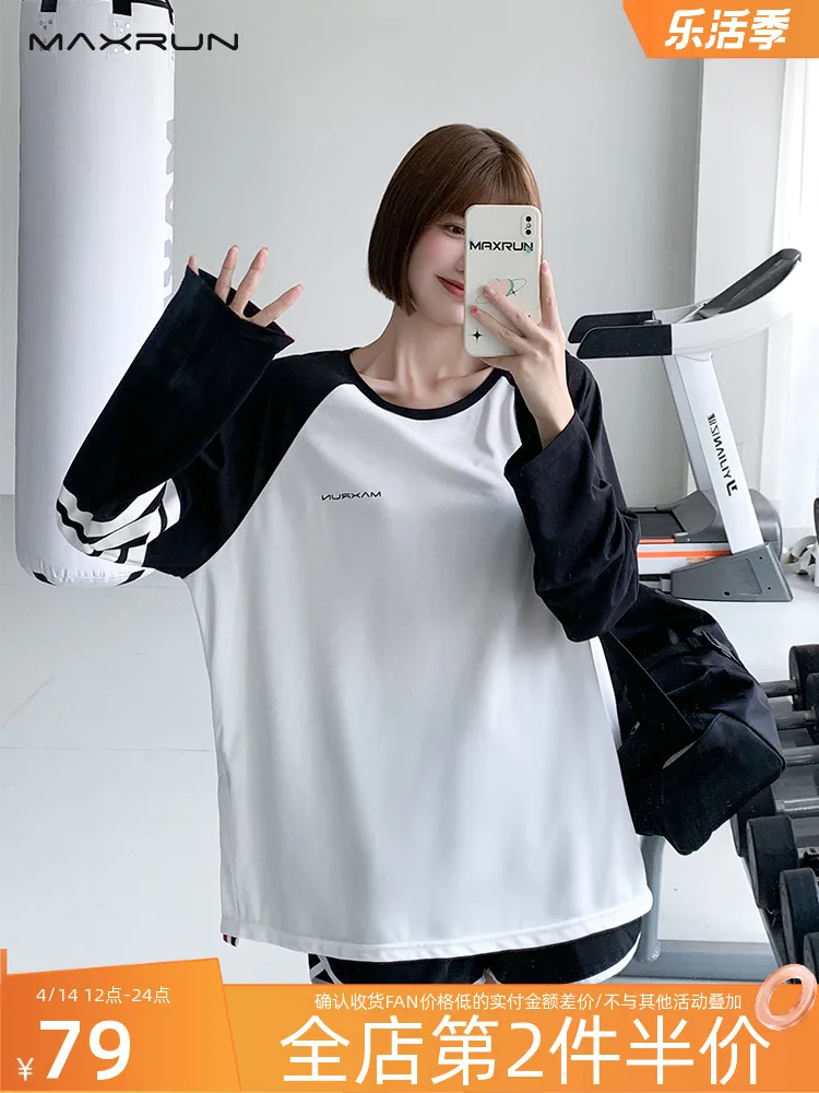 

Спортивный топ Maxrun, женский свободный костюм большого размера с длинным рукавом для фитнеса, толстая блузка для бега, осенне-зимний костюм для йоги, футболка
