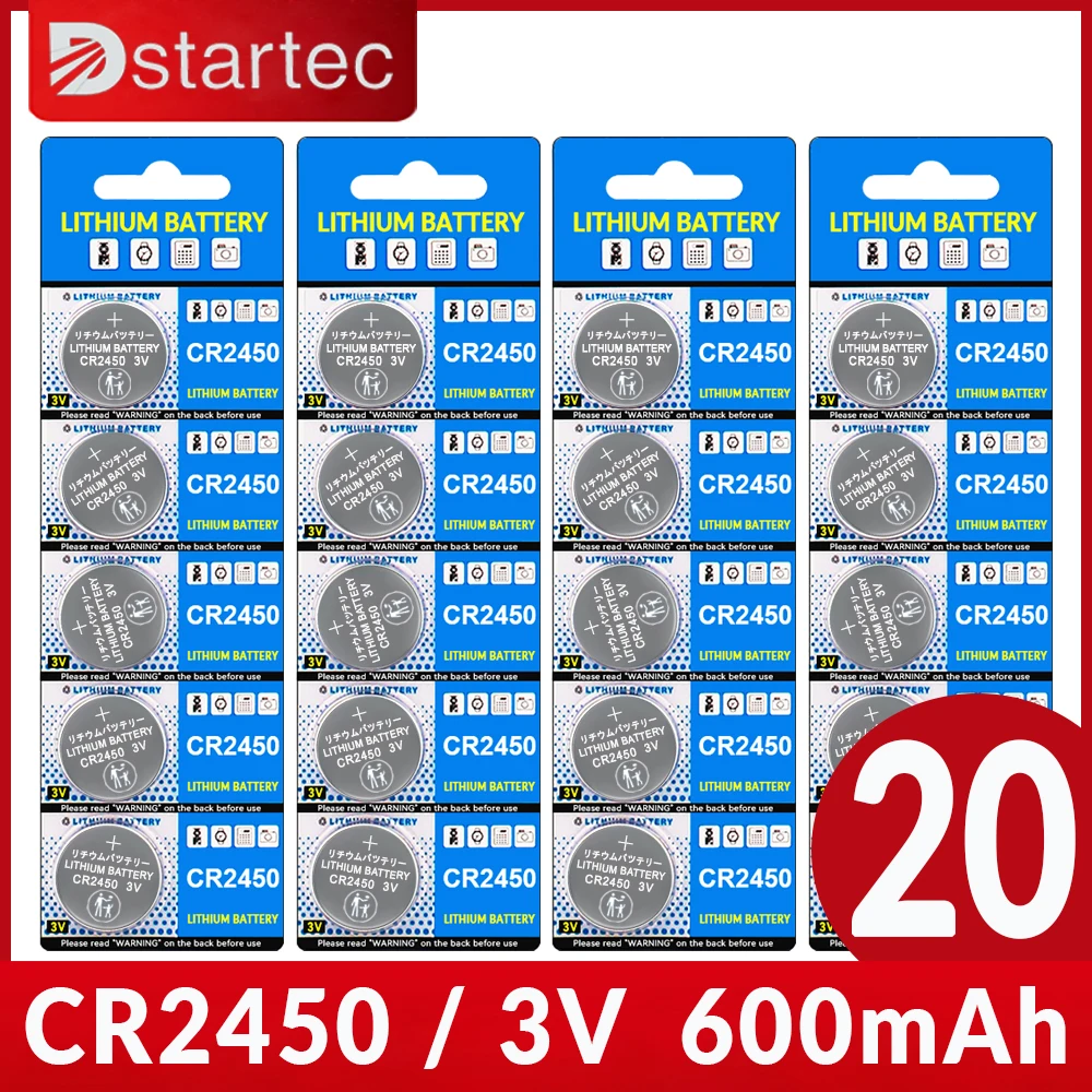 

Eunicell NEW 20PCS 3V CR2450 Button Batteries CR 2450 5029LC LM2450 DL2450 CR2450N BR2450 600mAh Lithium Cell Coin Watch Battery