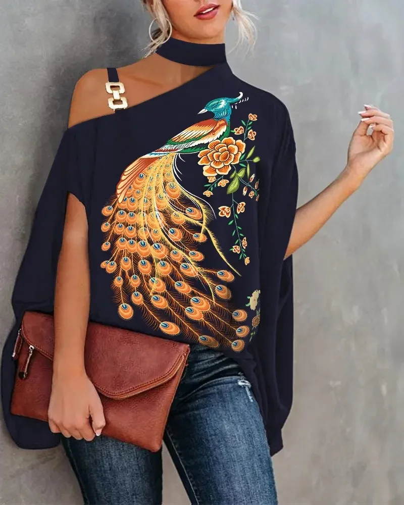 

Women's Tops Sexy Elegant Blouses Loose Casual Leaf Print Shirts Batwing Sleeve Halter Summer Strap Chain Streetwear 2022 Trend