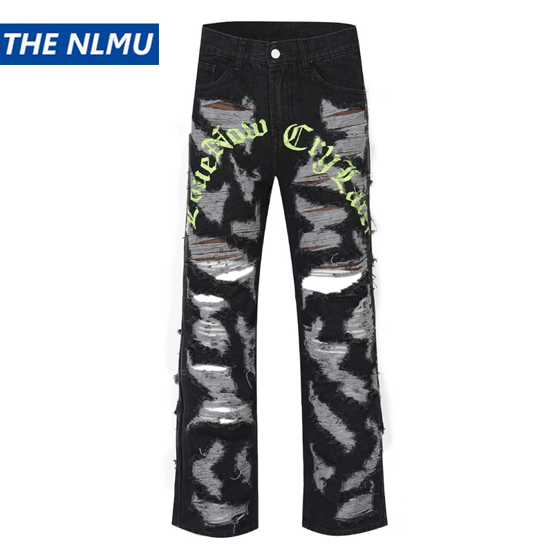 2023 Vintage Denim Pants Men Streetwear Retro Ripped Hole Denim Pant Jeans HipHip Casual Joggers Trousers Jeans