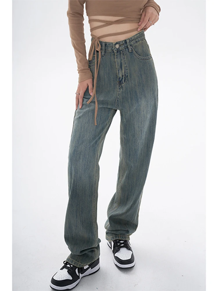 

Джинсы Женские однотонные с завышенной талией, винтажные свободные брюки из денима в пол, с карманами, с широкими штанинами, весна-осень