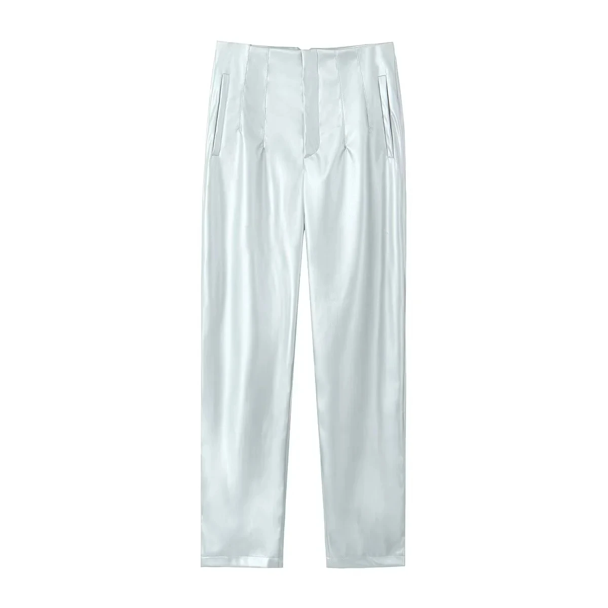 

TRAF Women Silvery Faux Leather Pants Vintage High Waist Straight Leg Zipped Trousers 2024 Autumn Winter Chic Elegant Slim Pants