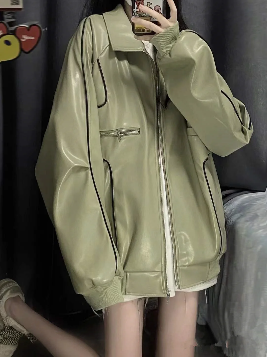 Street Motorcycle PU Leather Jacket Women's 2022 Spring  Autumn Br Loose Bf Baseball Jacket Oversize Light Green Girl Coat