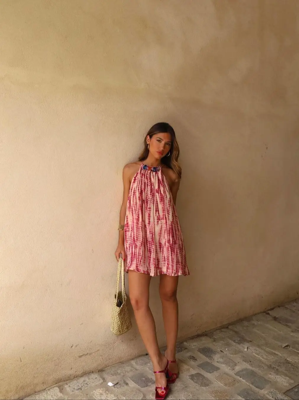 

Summer Women's Red Suspender Off-the-shoulder Hanging Neck Design Sense Stone Inset Tie-dye Mini Holiday Style Dress