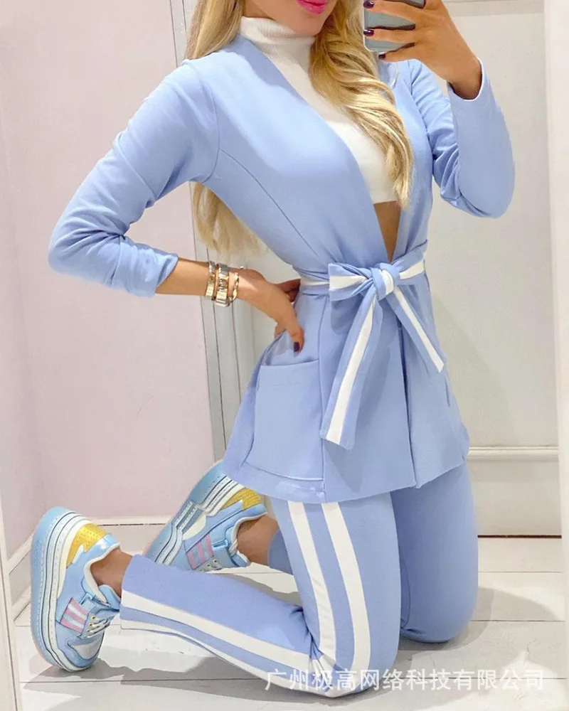 

Новинка весна-осень 2022 женская синяя полосатая куртка на шнуровке и брюки костюм повседневный уличный офисный комплект из двух предметов