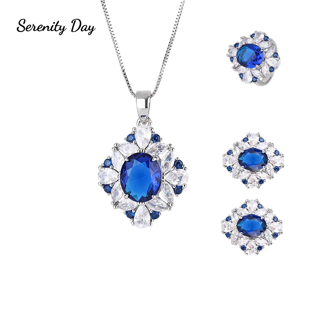 

Serenity Day Jewelry Sets Created Sapphire Gem Simulated High Carbon Diamond Necklace/Earrings/Ring Wedding Women Gift Wholesale