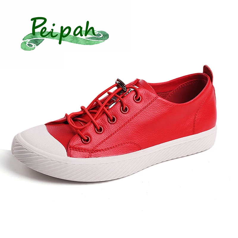 

PEIPAH New Spring Genuine Leather Flat Sport Shoes for Women Loafers Ladies Casual Sneaker Female Lace Up Vulcanize White Shoes