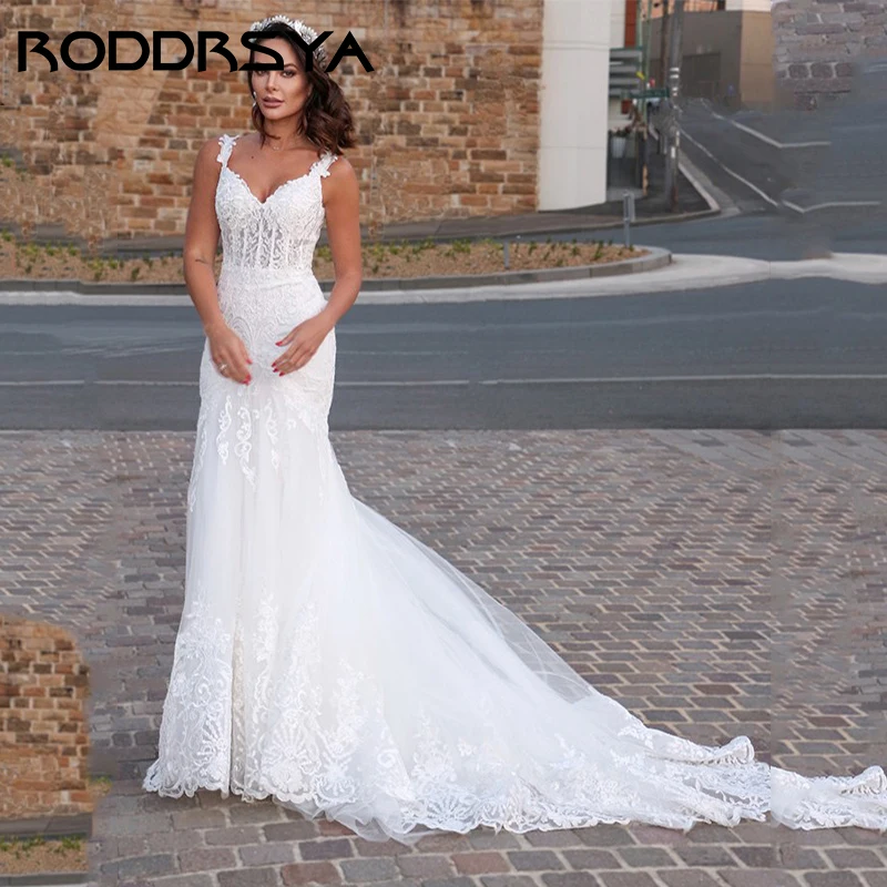 

RODDRSYA Sexy V-Neck Backless Mermaid Wedding Dresses Romantic Tulle Appliques Bridal Gowns Simple Spaghetti Strap Bride Party
