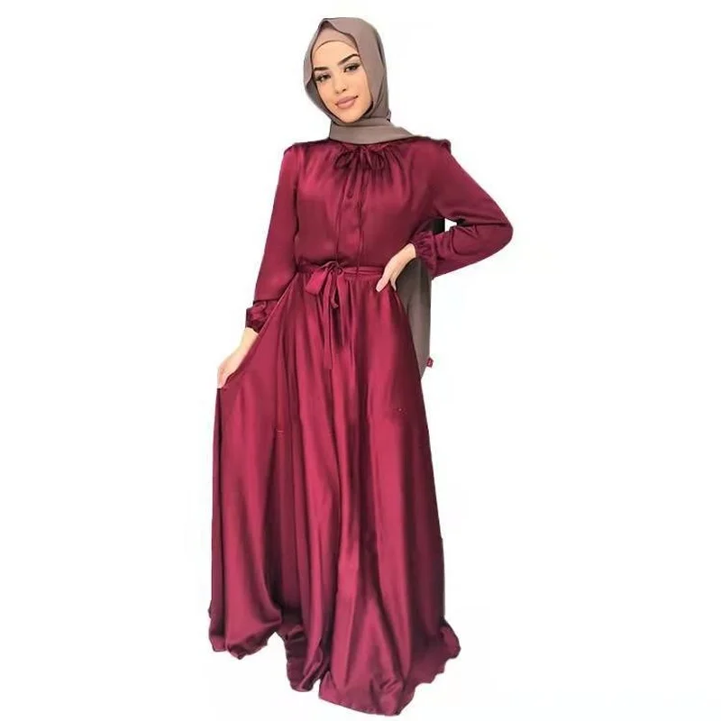 Ramadan Solid Color Maxi Dress Elegant New Soft Satin Robe Ropa De Mujer Envio Gratis Muslim Dubai Abaya Woman  Caftan Marocain