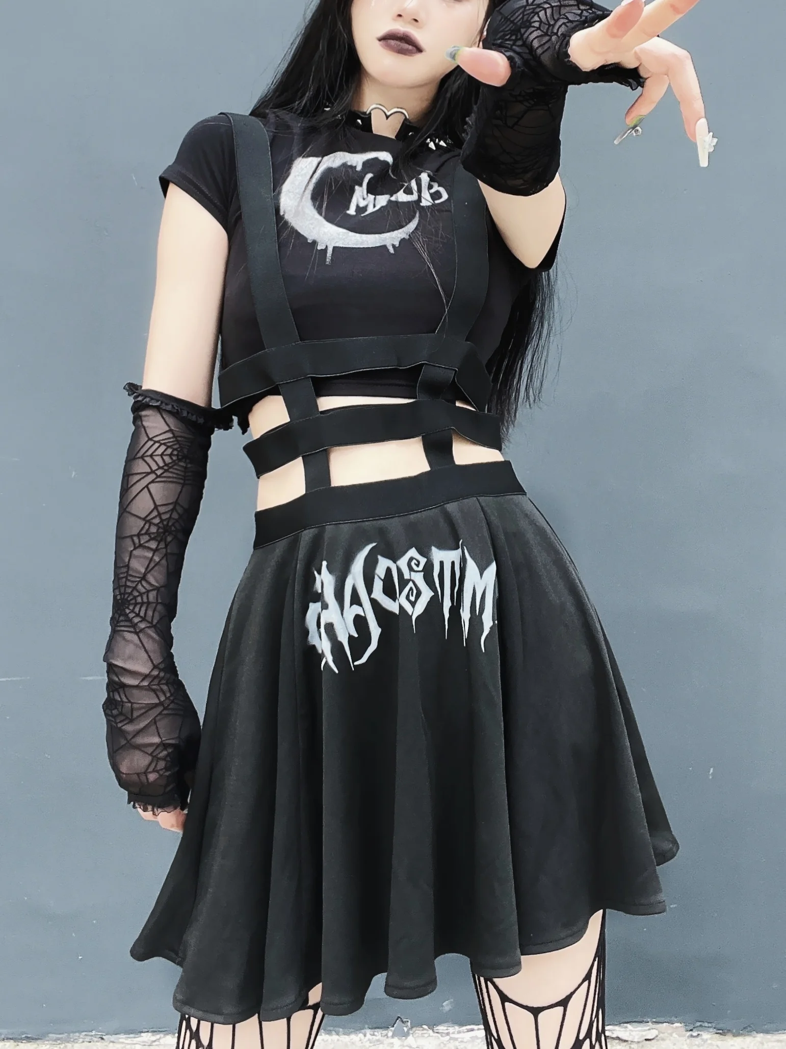 

Goth Designed Minority Design Feeling Dark Black Belt Skirt Pants Hollowed-out 2023 Summer A Line High Waist Punk Skirt Woman