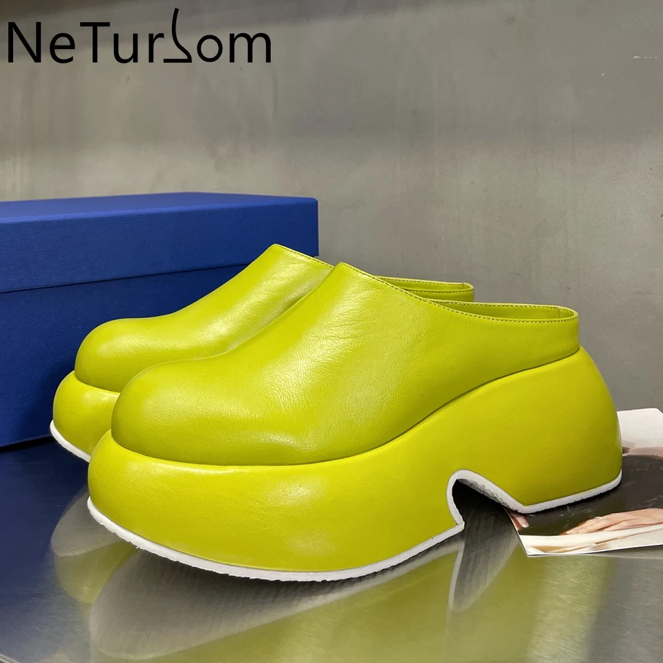 

2023 spring summer fashion women's pantuflas closed toe leather shoes platform heels green wedge shoes outdoor ladies slipper