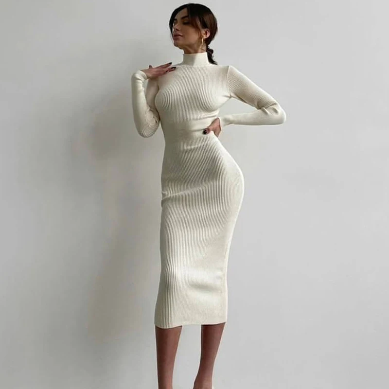 

2022 Autumn And Winter New Products High Neck Mid Length Pit Knitted Women's Solid Color Woolen Tight Sexy Fashion Dress