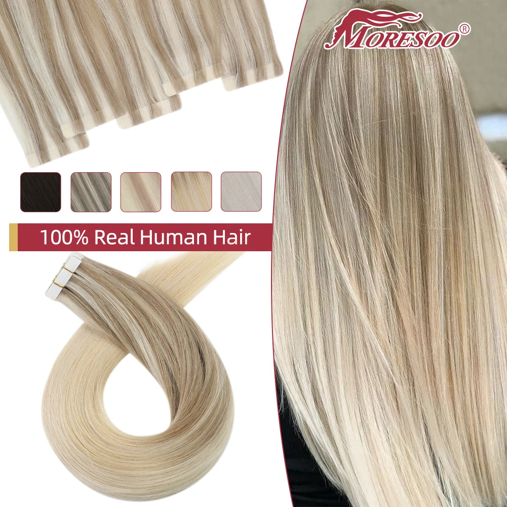 Moresoo Injection Tape Hair Extensions Ash Blonde Highlight Virgin Hair Natural Straight Brazilian Tape in Human Hair Extension