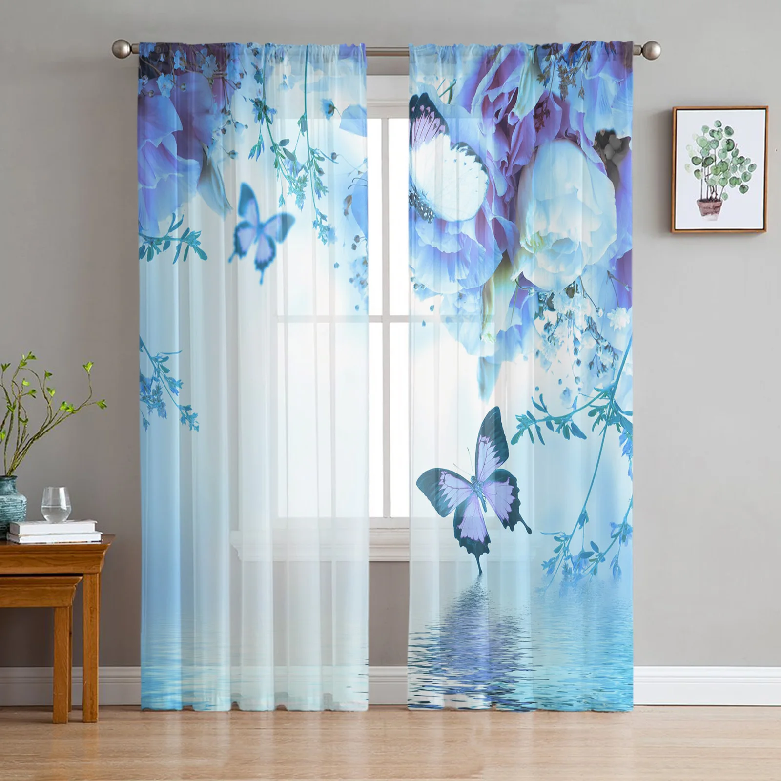 

Animal Butterfly Flower Blue Rose Window Tulle Sheer Curtains for Living Room Decoration Bedroom Kitchen Voile Window Curtain