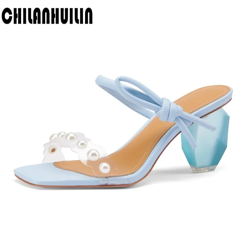 

brand fashion Imitation gemstone heel leather slippers summer casual luxury high heels women's sandals dress party wedding shoes