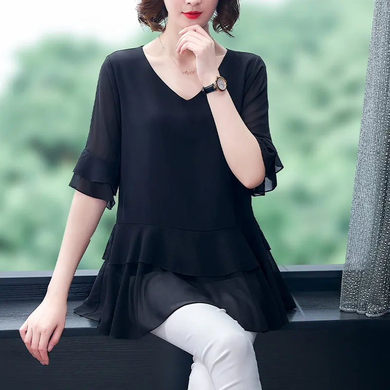 Рубашка женская шифоновая базовая с V-образным вырезом Повседневная Свободная