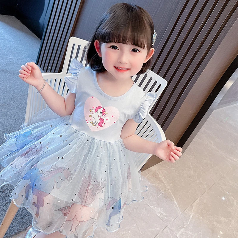

2022 New Girls Dress Summer Princess Dresses Flying Sleeve Kids Clothes Unicorn Party Baby Dresses for Children Clothing 3-8Y