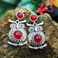 vintage red round stone owl drop earrings for women lovely animal jewelry silver color statement dangle earing party accessories