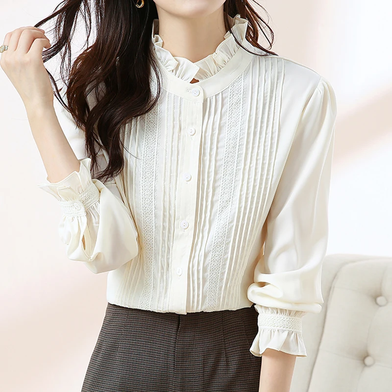 

Fashion Elegant Ruffle Stand Collar Woman Blouses Loose Women's Shirts Youth Blouse Clothing Female Long Sleeve Top Blusas 24487