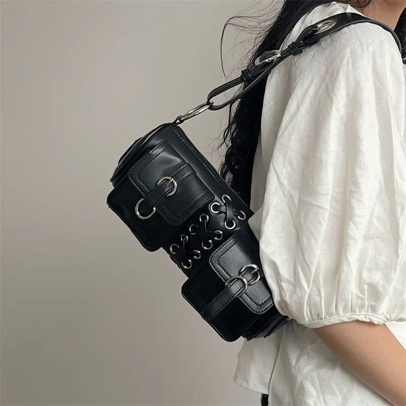 

JIAERDI Vintage Y2k Handbags Women Double Pocket Design Cylinder Cool Girls Underarm Bags Ladies PU Leather Purse Underarm Bags