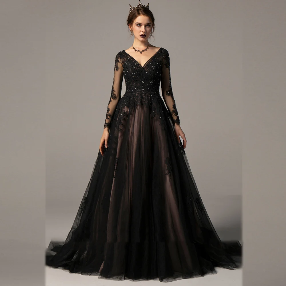 

2022 Black Long Sleeves Prom Dresses Sexy V-Neck Lace Beaded A-Line Evening Dresses Plus Size Open Back Vestidos