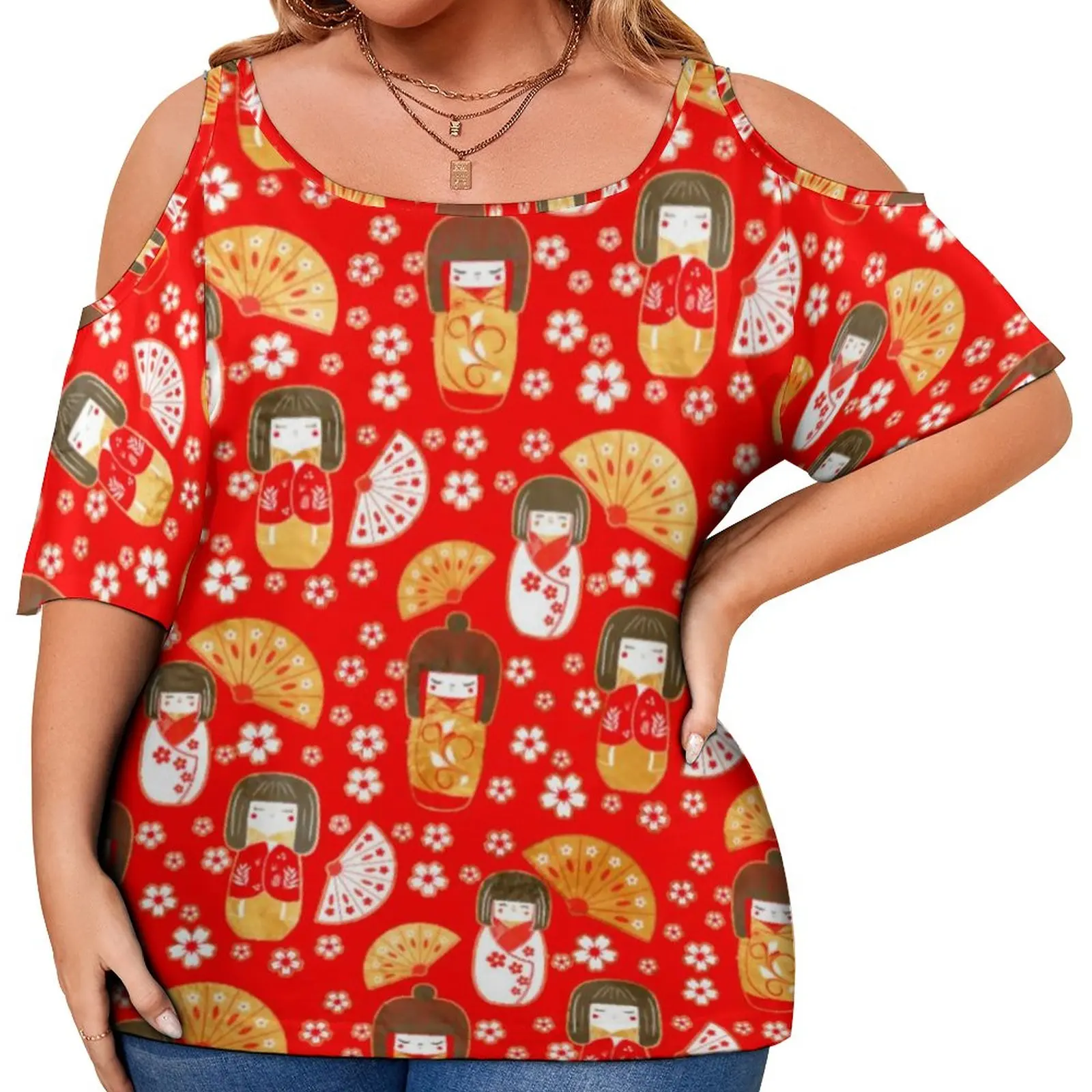 

Japanese Anime T-Shirt Dolls Kokeshi Print Vintage T Shirts Short-Sleeve Pattern Tops Women Casual Top Tees Plus Size