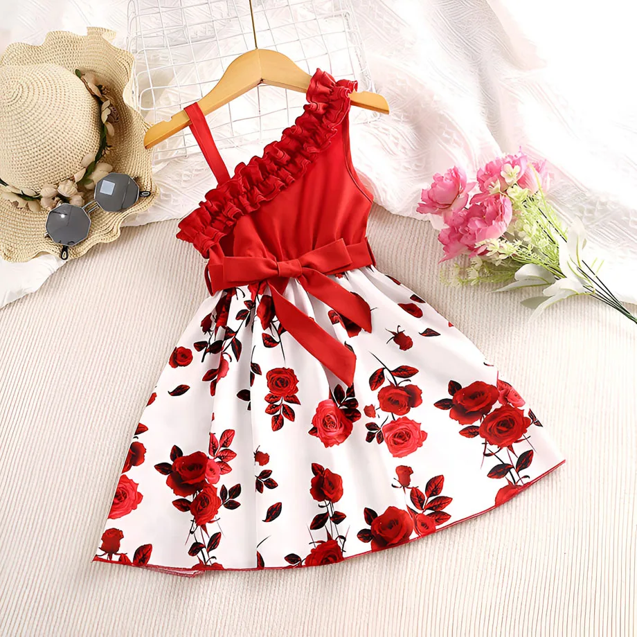 

Summer Girls Dresses Kids Clothes Ruffle Oblique Shoulder Sling Dress For 4 To 7 Years Children's Printing Sleeveless Sundress