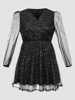 finjani contrast sequin puff sleeve mesh evening dress v neck long sleeves plus size party elegant womens dresses