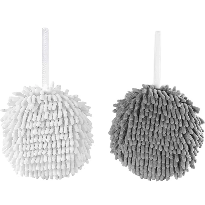 

New 2-Pack Chenille Hanging Hand Towel Ball Microfiber Plush Absorbent Soft Small Bath Towel With Loop