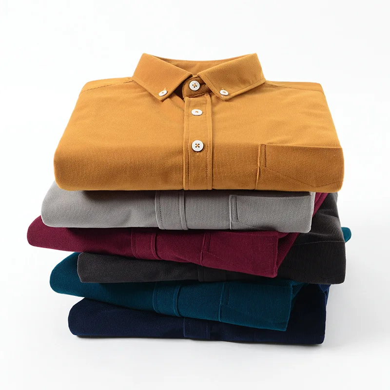 Four Seasons New Men's Long Sleeve Shirts Corduroy Business Casual Fashion Comfortable Shirts Solid Color Slim Retro Stripes