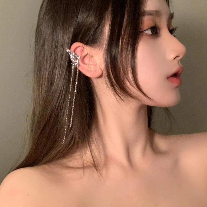 MENGJIQIAO Korean Elegant Elf Butterfly Clip Earrings For Women Girls Fashion Long Tassel No Piercing Ear Cuff Jewelry Gifts